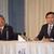 統合新社ビジョンを発表する出光・木藤㊨、昭シェル・亀岡の両社長